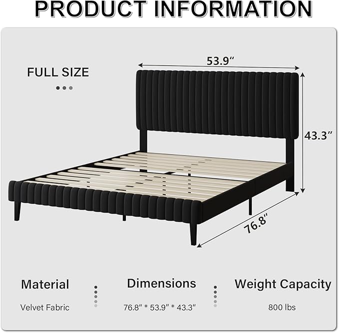 Full Size Bed Frame, Velvet Upholstered Platform Bed with Vertical Channel Tufted Headboard and Footboard, No Box Spring Required, Easy Assembly, Black