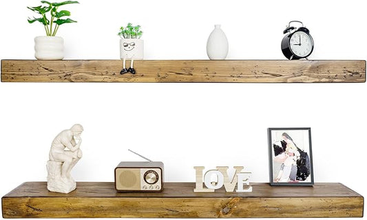 Floating Shelves 3 inch Thick for Wall Set of 2,Solid Pine Wood Wall Mount Shelf for Kitchen Living Room Bedroom Bathroom,8" D x 60" L x 3" H-Distressed Black Walnut