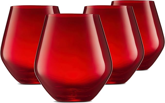 Godinger Wine Glasses, Stemless Wine Glasses, Red Wine Glasses, Drinking Glasses, Christmas Decor, Holiday Decor Stemless Wine Glass, Made in Europe - Red Glasses, 17oz, Set of 4