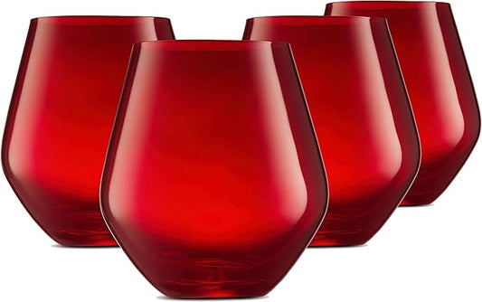 Godinger Wine Glasses, Stemless Wine Glasses, Red Wine Glasses, Drinking Glasses, Christmas Decor, Holiday Decor Stemless Wine Glass, Made in Europe - Red Glasses, 17oz, Set of 4