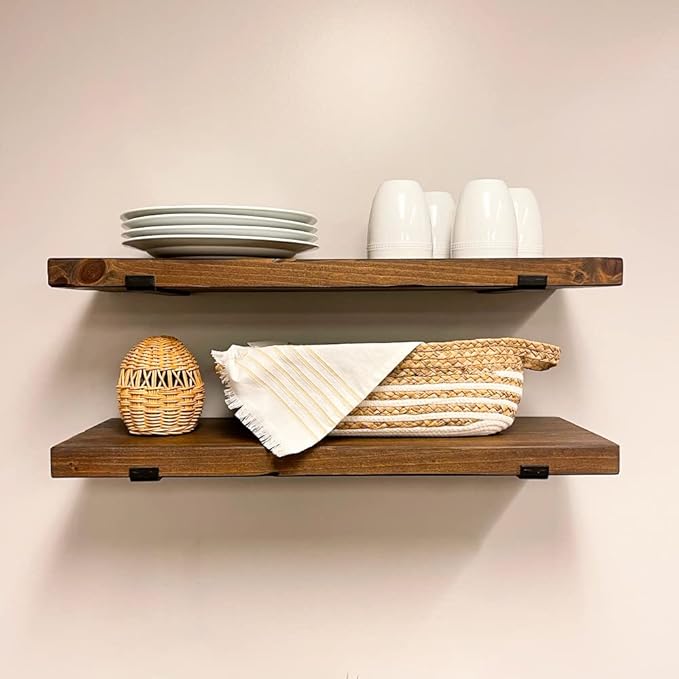 Rustic Shelves with J-Brackets Set of 2, Industrial Shelf, Kitchen Shelves, Solid Wood, Decorative Wall Storage, Heavy Duty, URBANDI (Provincial, 48Wx6D)