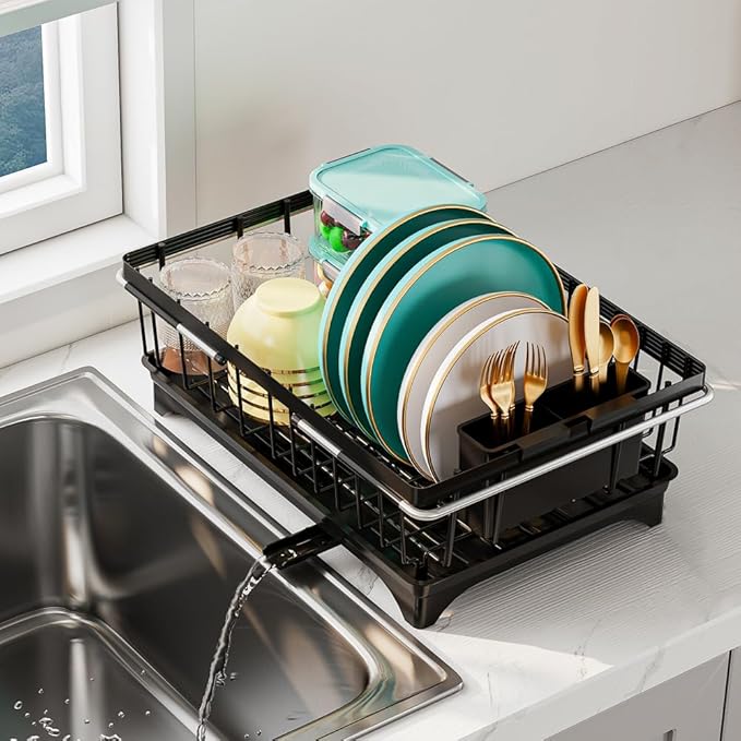Expandable Dish Drying Rack in Sink, Adjustable Stainless Steel Rustproof Grip Handles Dish Rack Over The Sink, Dish Strainer with Drying Tray & Utensil Holder