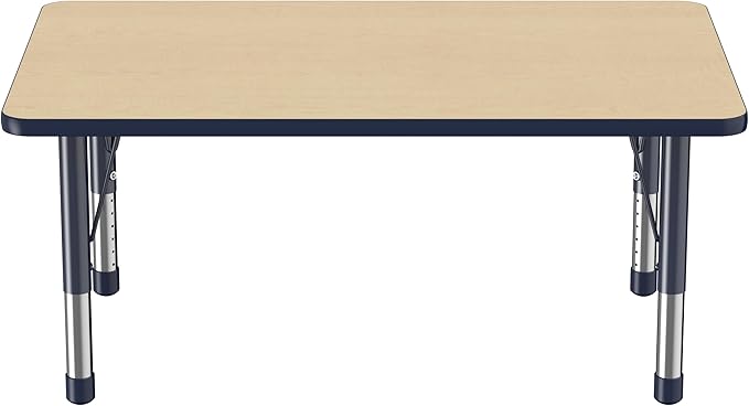FDP Rectangle Activity School and Classroom Kids Table (30 x 48 inch), Chunky Toddler Legs, Adjustable Height 15-24 inches - Maple Top and Navy Edge