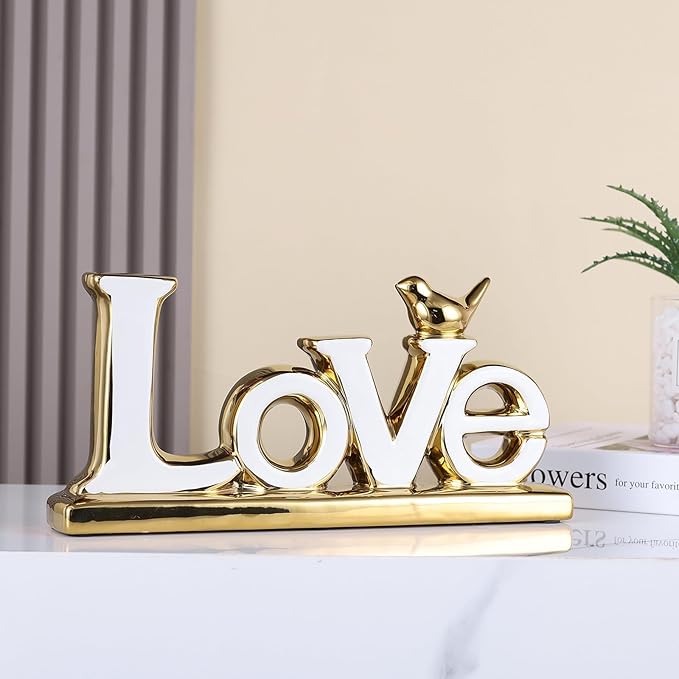 Love Sign Decoration - White & Gold Modern Bird Sculpture Statue, Personalized Love Decor for Living Room, Bedroom, Desktop