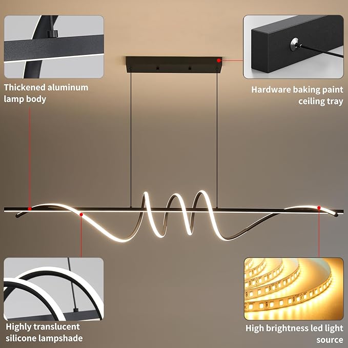 Modern Ceiling Chandelier Light, Acrylic Anti Flicker Pendant Lamp with Remote Control Dimmable 3 Color Mode & Brightness (Warm Cool Neutral Light) for Kitchen Bar（Black,57IN