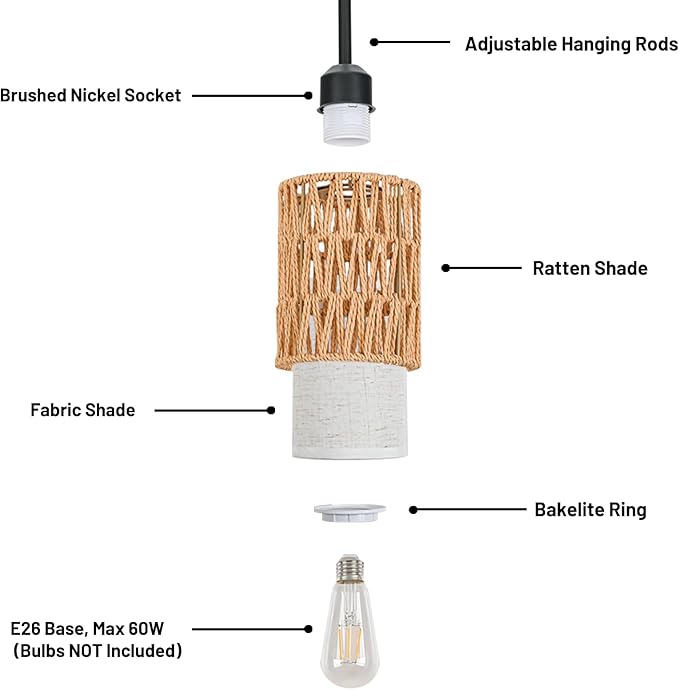 Pendant Light Boho Hanging Lamp - Rattan & Linen 2-in-1 Shade, Adjustable Hanging Lights Fixture for Kitchen Island, Dining Room, Farmhouse, Bedroom (3 Pack)