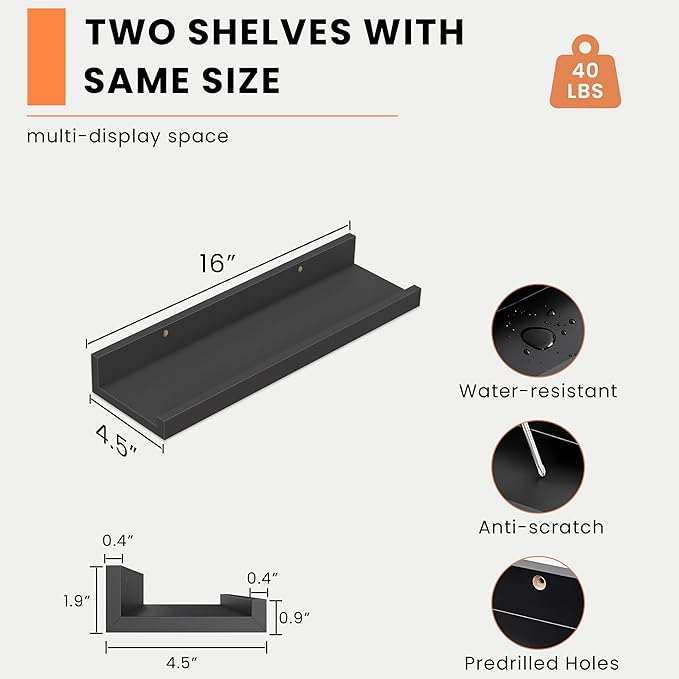Heimlove Picture Ledge Shelf, Small Floating Shelves Set of 2, 16 Inches Picture Shelf for Wall with Ledge, Kids Bookshelf Wall Mounted for Living Room Bedroom Decor Books Photo Frames, Black