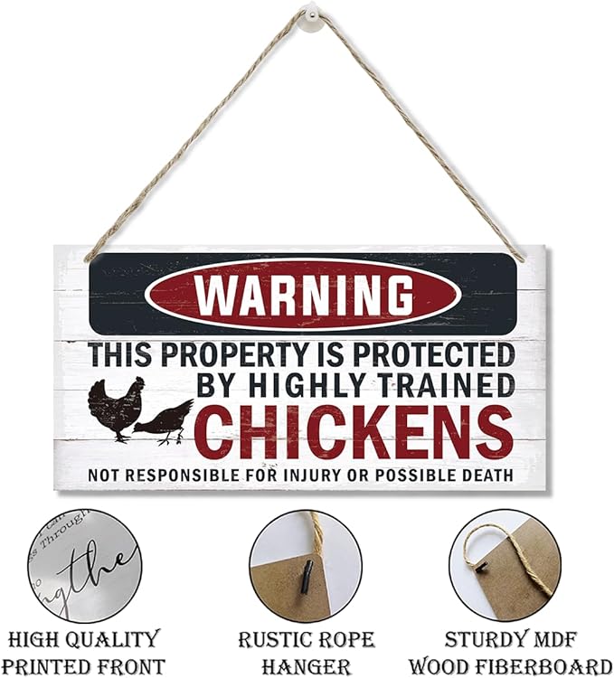 Funny Warning Signs, The Property is Protected By Highly Trained Chicken Sign, Decorative Wood Hanging Wood Plaque, Farmhouse Home Garden Yard Decor, Door Gate Hanger, Chicken Farm Decor