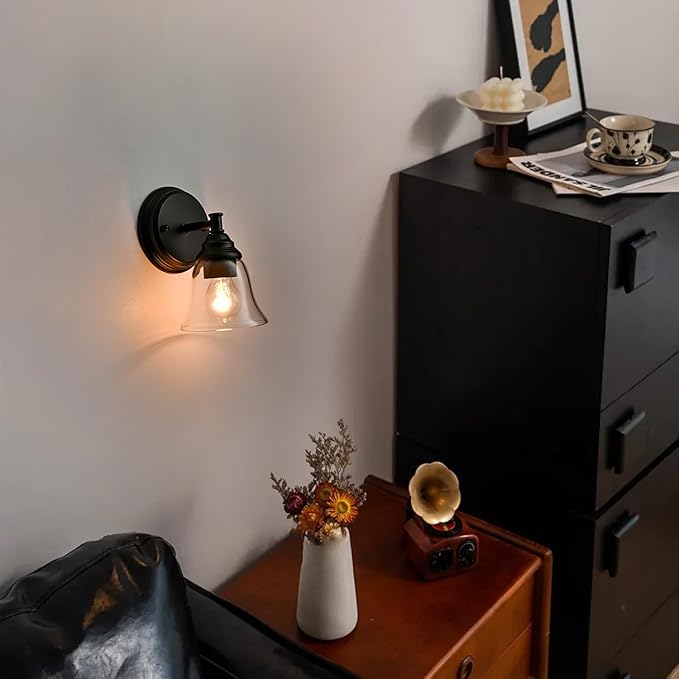 Moder 1-Light Black Wall Sconce Clear Glass Bell Shape Light Fixtures for Farmhouse, Bathroom, Living Room, Stairway Set of 2
