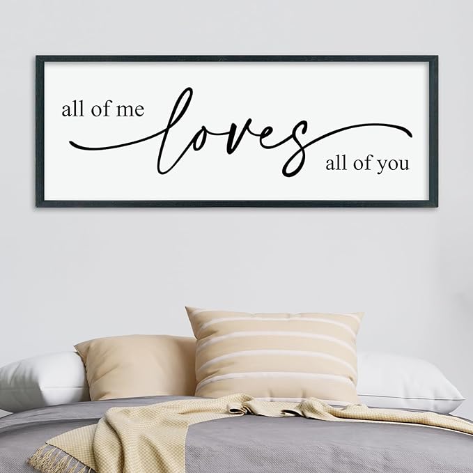 LuZhiQiang All Of Me Loves All Of You Wall Decor Art 40"×15" Master Bedroom Above Over Bed sign Love Quotes Large Framed Wooden Wall Hanging (Black)