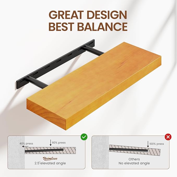 Honey Oak Brown Floating Wall Shelves 24 Inches Long x 8”x 1.4” Wooden Shelf Floating Rustic Farmhouse Decor, Heavy Duty Shelf Hold 60 lbs, Wall Shelves for Bathroom Living Room Kitchen Bedroom Office