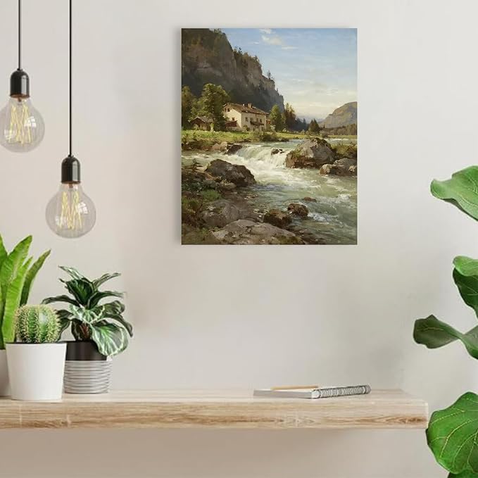 Vintage landscape rural scenery poster art farmhouse cottage wall decor living room kitchen quiet country stream suitable for bedroom bathroom