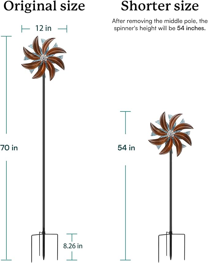 Wind Spinners Outdoor, Copper Teal Kinetic Wind Spinner with Stake, Garden Yard Spinners Windmill Decor for Patio Lawn (12" W x 70" H)