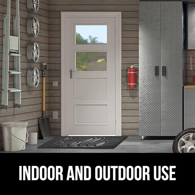 GORILLA GRIP 100% Waterproof All-Season WeatherMax Doormat, 47x35, US Designed Natural Rubber, Stain and Fade Resistant, Low Profile Indoor Outdoor Door Mats, Easy Clean Patio Mat, Charcoal Hello
