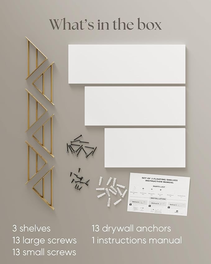 BAYKA Wall Shelves for Bedroom Decor, Floating Wall Shelves for Living Room Kitchen Storage, Wall Mounted Rustic Wood Shelves for Kids Books,Corner Shelves for Bathroom(White and Gold，Set of 3)