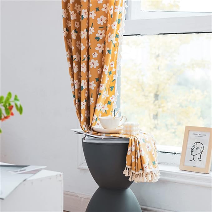 Sutuo Home Boho Curtain Semi-Blackout Yellow Florals Print Cotton Linen Fabric, Handmade Tassels Rod Pocket Bohemian Farmhouse Country Window Drapes for Living Bedroom, 59" W x 84" L, 1 Panel