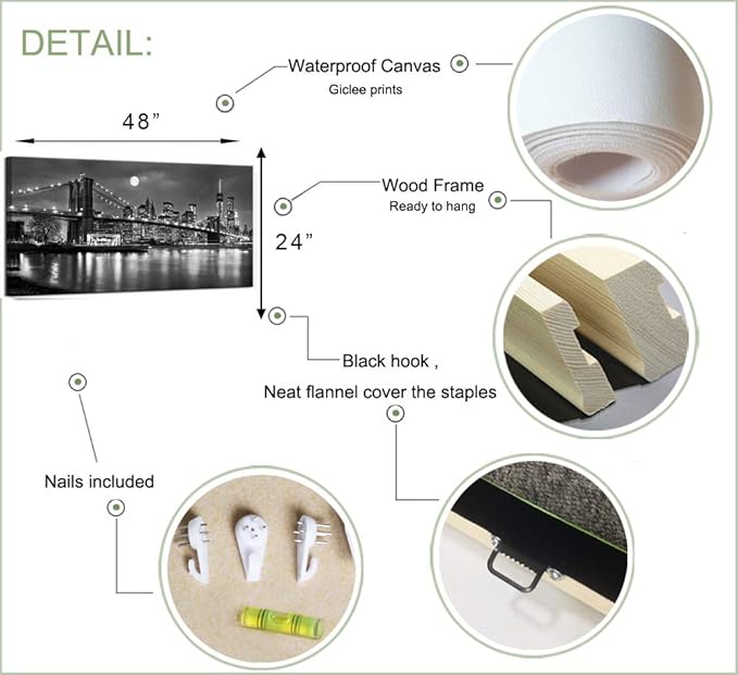 LevvArts - Black and White New York Picture Brooklyn Bridge Canvas Wall Art Full Moon Night Manhattan City Poster Canvas Print Framed Gallery Wrapped Modern Home Office Decoration