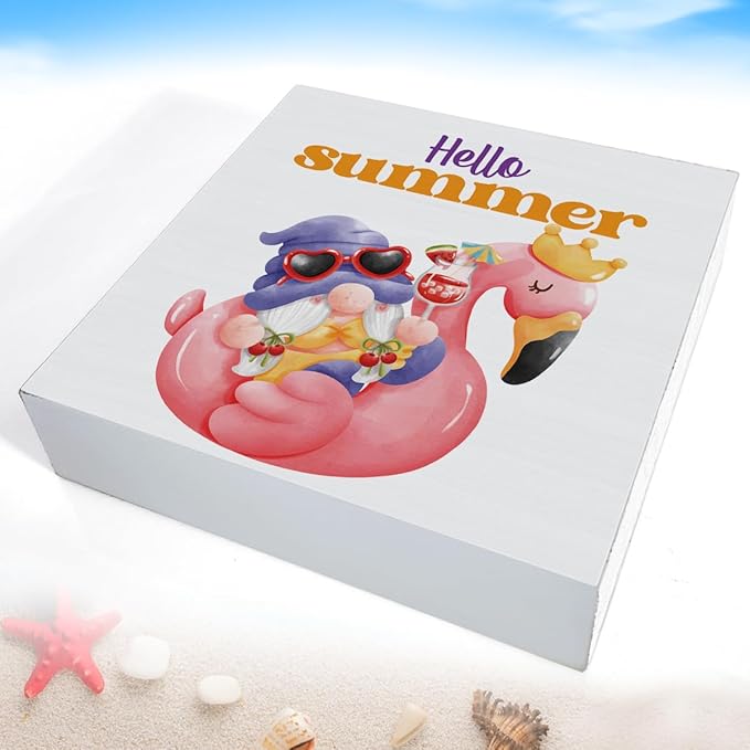 Hello Summer Decor Flamingo Decorations Summer Gnome Wooden Sign Rustic Home Decor 5 x 5 Inches