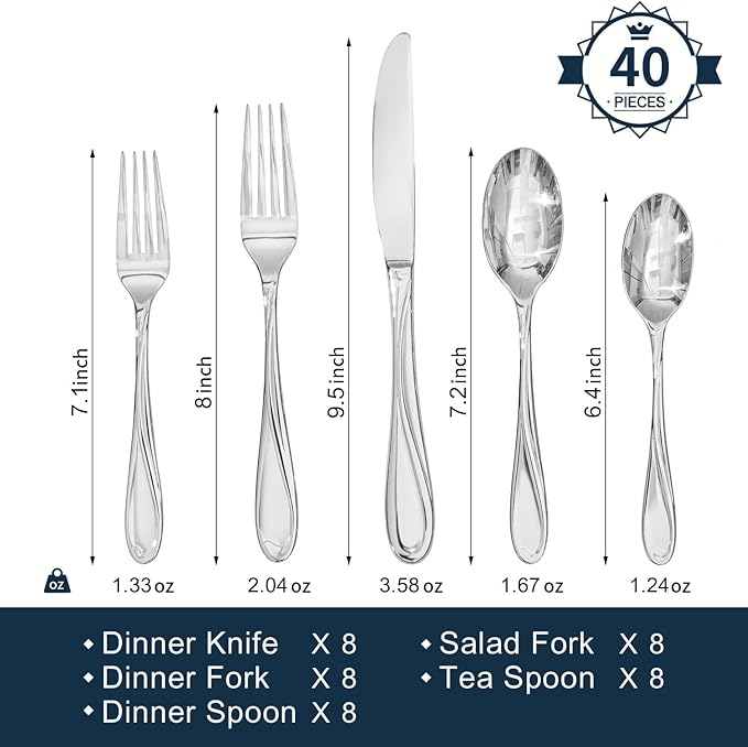 HIKAA Wave Design Silverware Set Service for 12, 60-Piece Artistic Stainless Steel Flatware Set with Fibonacci Pattern, Heavy Duty Mirror Polished Cutlery Set