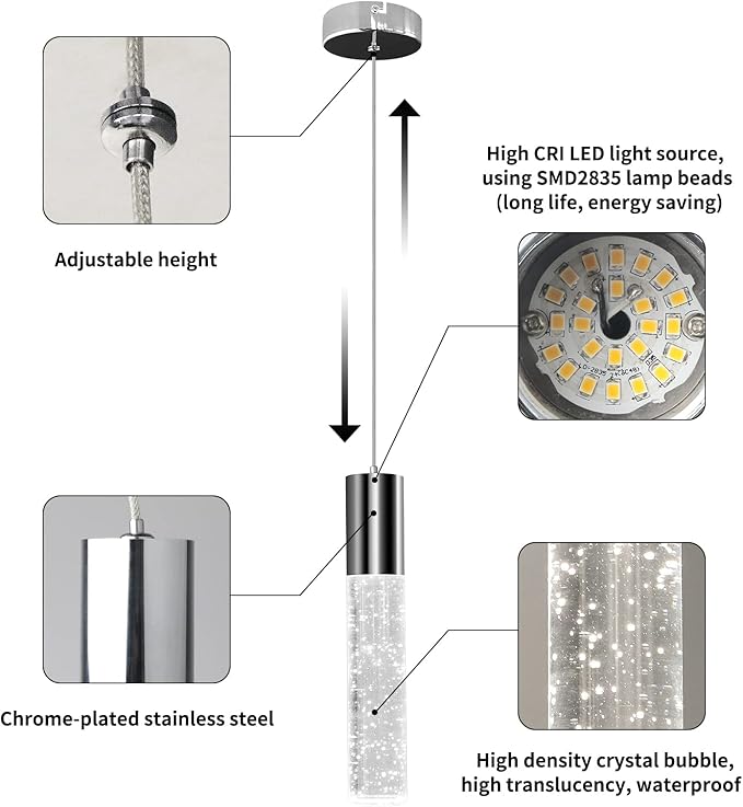 OKELI Modern Pendant Lights,LED Bubble Crystal Kitchen Island Light Fixtures,Chrome Mini Single Pendant Lighting for Kitchen Island,Bar,6W,6000K,ETL,3Pack