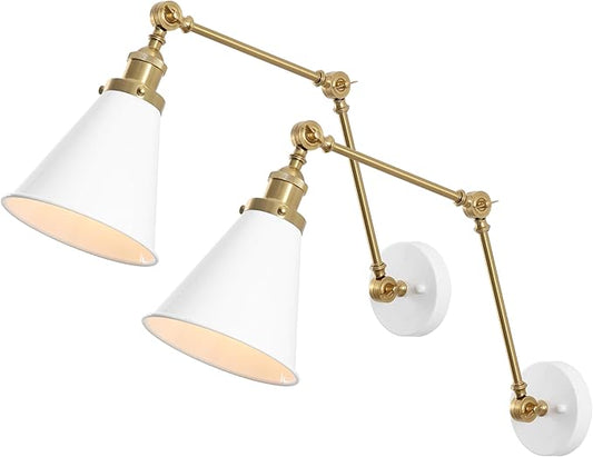 JONATHAN Y JYL7462B-SET2 Rover 7" Classic Industrial Metal Adjustable Arm LED Wall Sconce, White/Brass Gold (Set of 2) for Bedroom, Bathroom, Vanity