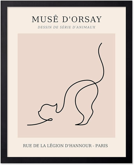Poster Master Vintage Poster - Retro One Line Cat Drawing Print - Cat Art - Minimal Gift for Men, Women, Animal Lover - Abstract Wall Decor for Home, Office, Bedroom, 16x20 Black Framed