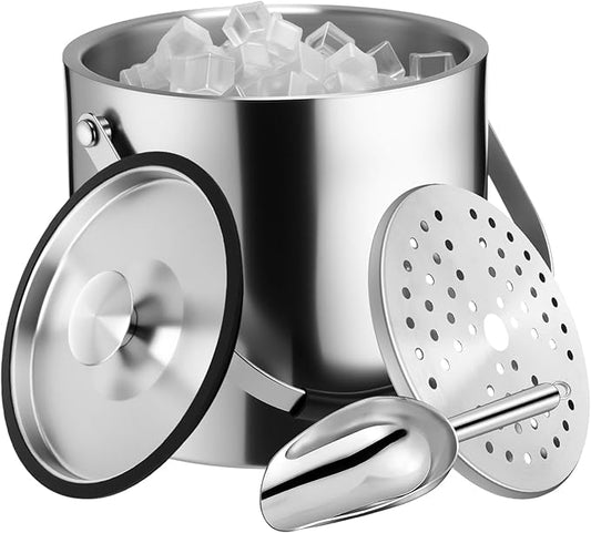 meekoo 4 L Double Wall Insulated Stainless Steel Ice Bucket with Lid, Scoop, Strainer, Handle Large Wine Ice Bucket Upgraded Cover Keep Frozen Longer for Cocktail Bar Parties(Silver)