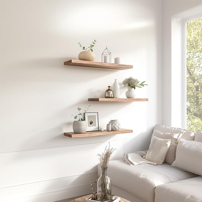 Light Wood Floating Shelves for Wall Rustic Wall Shelves for Bedroom Set of 6
