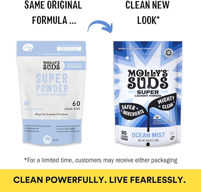 Molly's Suds Super Powder Detergent | Extra Strength Laundry Soap, Stain Fighting | Sensitive Skin | Simple, Effective Ingredients | 60 Loads - Ocean Mist