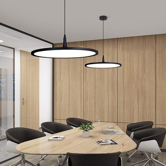 MADEM Modern LED Pendant Light 23.6'' Disc Chandelier Hanging Lighting Fixture with Acrylic Shape Dimmable Office Chandelier 6000K for Office Room Football Bedroom Decor Kitchen Island, Black