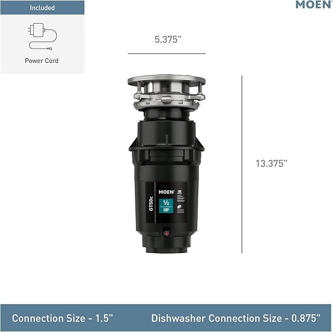 Moen Prep Series Disposer 1/2 Horsepower Continuous Feed Garbage Disposal featuring Fast Track Technology, Power Cord Included, GT50C