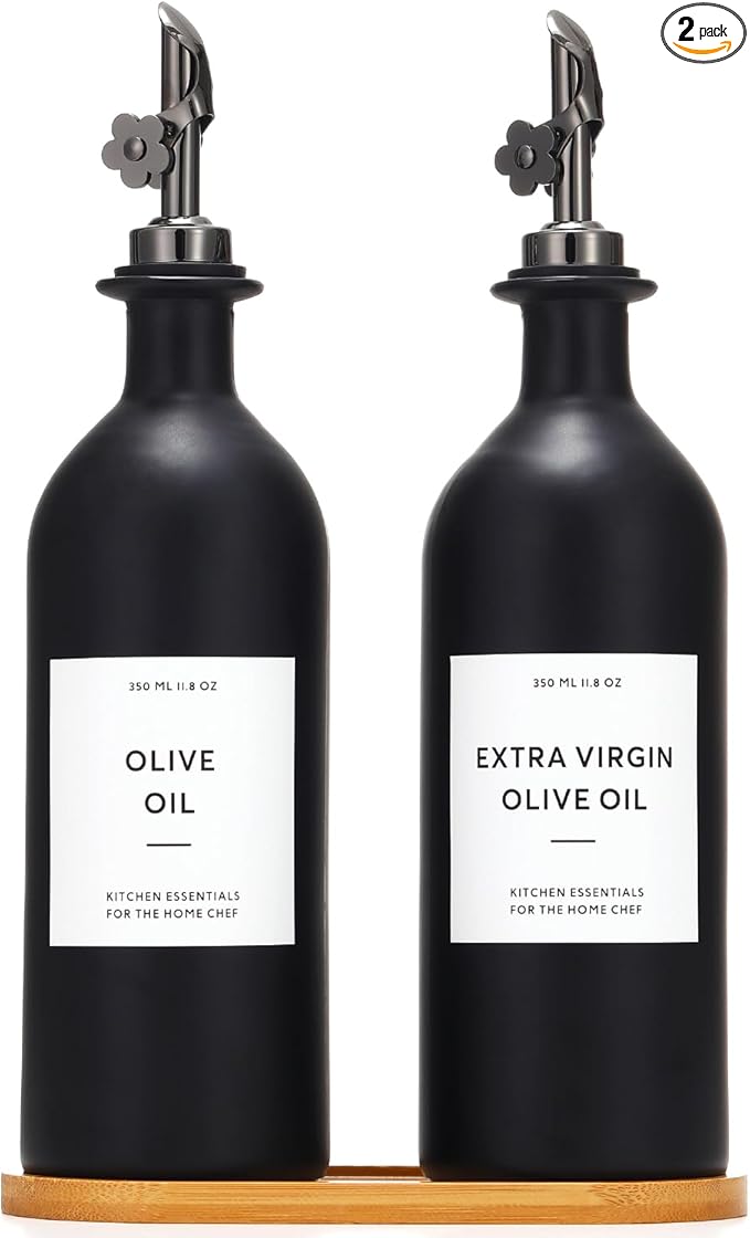 HOMCDALY Olive Oil Dispenser for Kitchen, 16oz Glass Oil Bottles with Bamboo Tray, Black Oil&Vinegar Cruet Set, Kitchen Dispenser Bottles with Pourer | Set of 2 (16oz – Black)