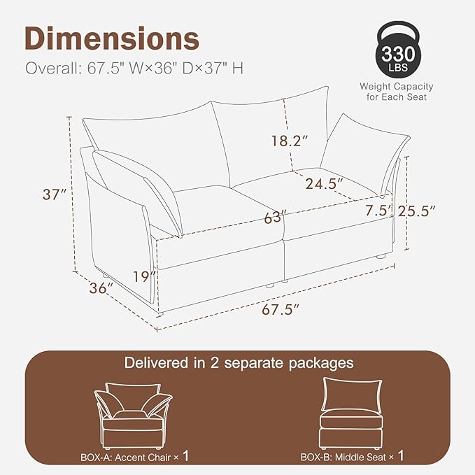 Oversized Loveseat Sofa, Modern Modular Sectional Couch Terracotta Orange Fluffy Chenille Mid Century 2-Seat 24.5" Deep Seat for Apartment, Living Room, Bedroom