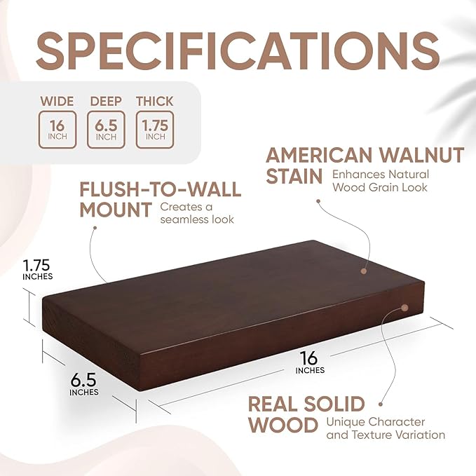 Homeforia Walnut Floating Bathroom Shelves, High End Solid Real Wood 16 inch Small Floating Shelf for Wall Mounted, Dark Brown 16inch Floating Shelves, Heavy Duty Bracket, 16 X 6.5 X 1.75 in, Set of 2