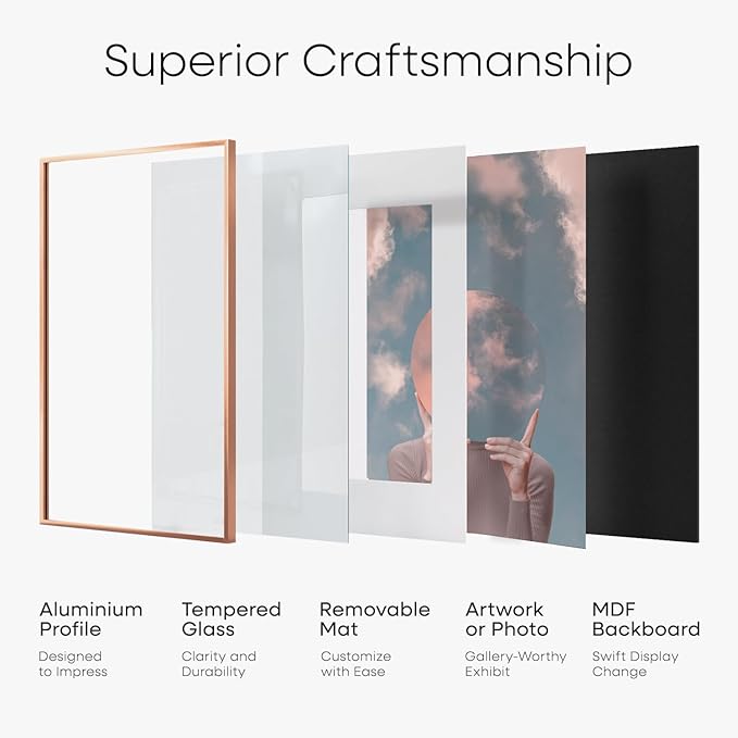 Homeforia 11x14 Picture Frame Rose Gold, High End Metal 11x14 Wall Hanging Frame with Mat 8x10, 11 x 14 Poster Frame Matted to 8 x 10 inch Photo, 11by14 Thin Frames, Tempered Glass, Wall Kit, Set of 1