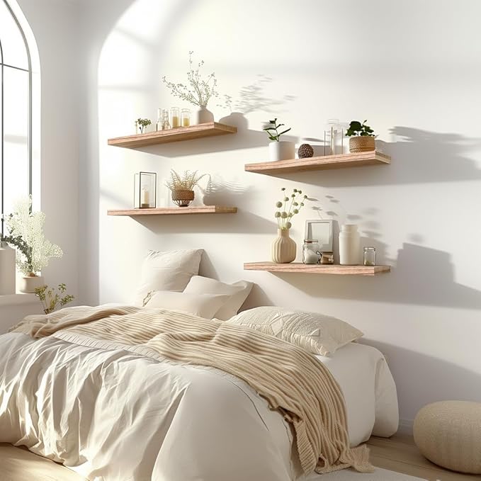 Light Wood Floating Shelves for Wall Rustic Wall Shelves for Bedroom Set of 6