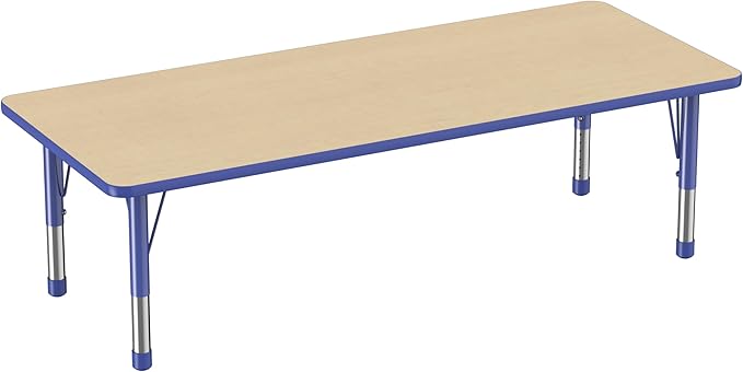 FDP Rectangle Activity School and Classroom Kids Table (30 x 72 inch), Chunky Toddler Leg, Adjustable Height 15-24 inches - Maple Top and Blue Edge