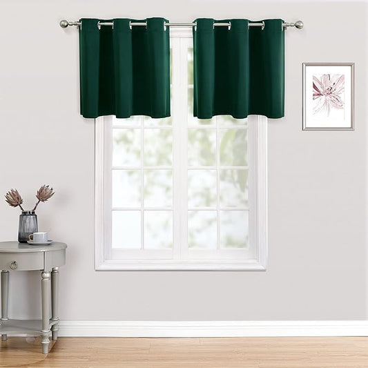 ChrisDowa Small Kitchen Valances for Windows - Grommet Short Thermal Insulated Room Darkening Window Valances Curtains for Living Room (2 Panels, Forest Green, 52 x 18 Inch)