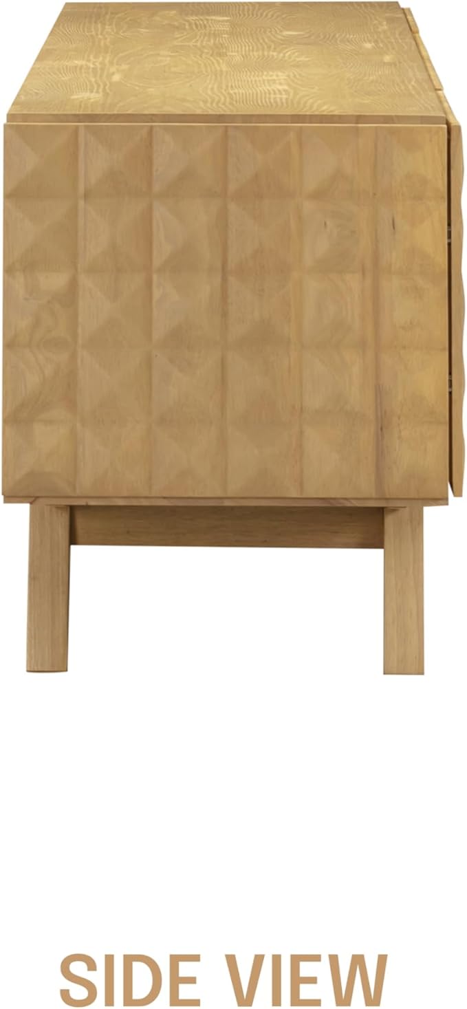 NTC Sapa Mid-Century Modern Solid Wood TV Stand 4-Door Media Console with Carved Geometric Fronts for TVs up to 75", Effortless Assembly, Sand