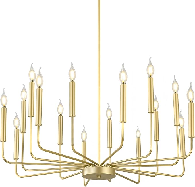 Modern Gold Farmhouse Chandeliers, 16-Light Industrial Metal Chandelier Lighting, Classic Candle Hanging Pendant Light Fixtures for Kitchen Island, Living Room, Dining Room, Stair