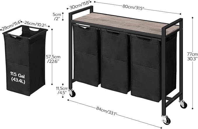 HOOBRO Laundry Sorter 3 Section, Laundry Hamper with Wheels, 3 × 11.5 Gal (43.4L), Rolling Laundry Basket, Pull-Out and Removable Oxford Fabric Bags, Greige and Black BG76XY01