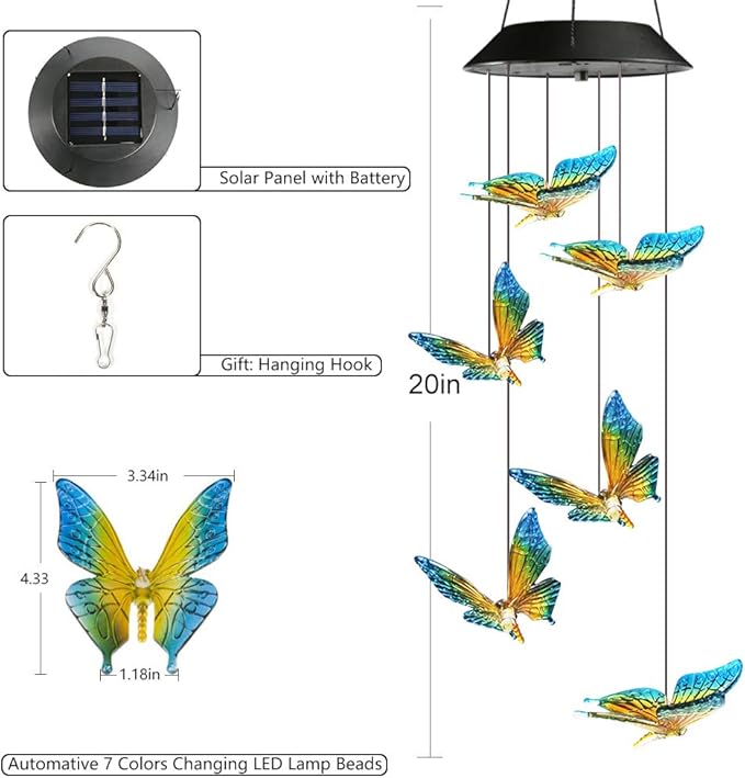 Toodour Solar Wind Chime, Color Changing Wind Chimes Butterfly, LED Decorative Mobile, Gifts for Mom Grandma, Waterproof Outdoor Decorative Lights for Garden, Patio, Yard, Window, Outdoor Decor
