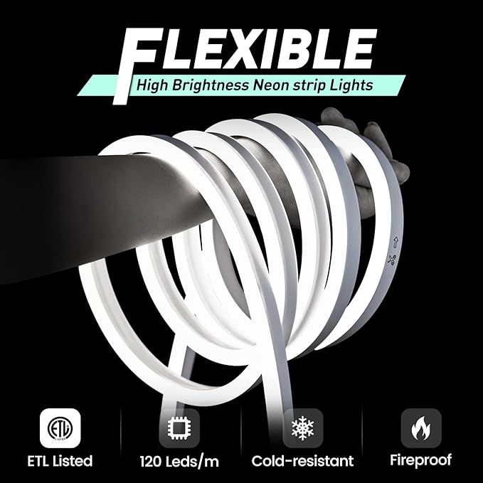 GZBtech Flexible LED Neon Rope Lights 33FT,AC 110-120V Waterproof Strip Light, 120 LEDs/M Cuttable Connectable Neon Lighting for Indoor Outdoor Home Decor/Commercial Building Use-Cold White 10M