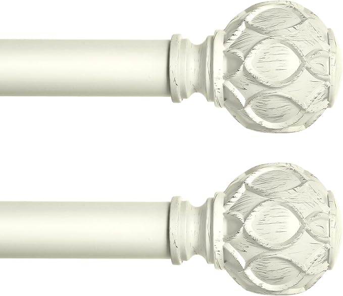 White Farmhouse Curtain Rods for Windows:Heavy Duty Adjustable Curtain Rod for Bedroom Living Room,Boho Decorative Rustic Drapery Rods with Vintage Coastal Finials,Antique White 2 Pack 18-45"