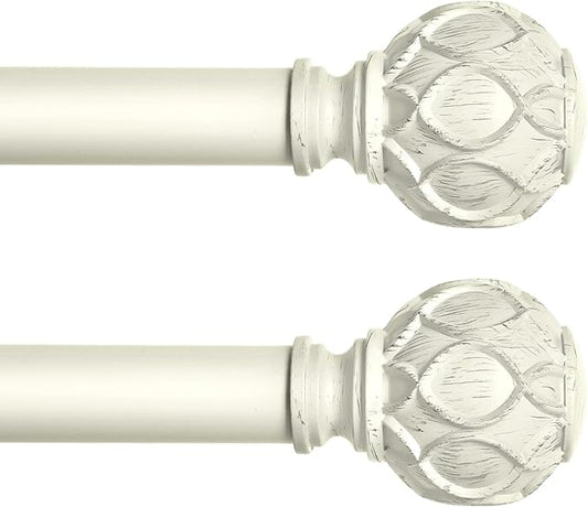 White Farmhouse Curtain Rods for Windows:Heavy Duty Adjustable Curtain Rod for Bedroom Living Room,Boho Decorative Rustic Drapery Rods with Vintage Coastal Finials,Antique White 2 Pack 18-45"