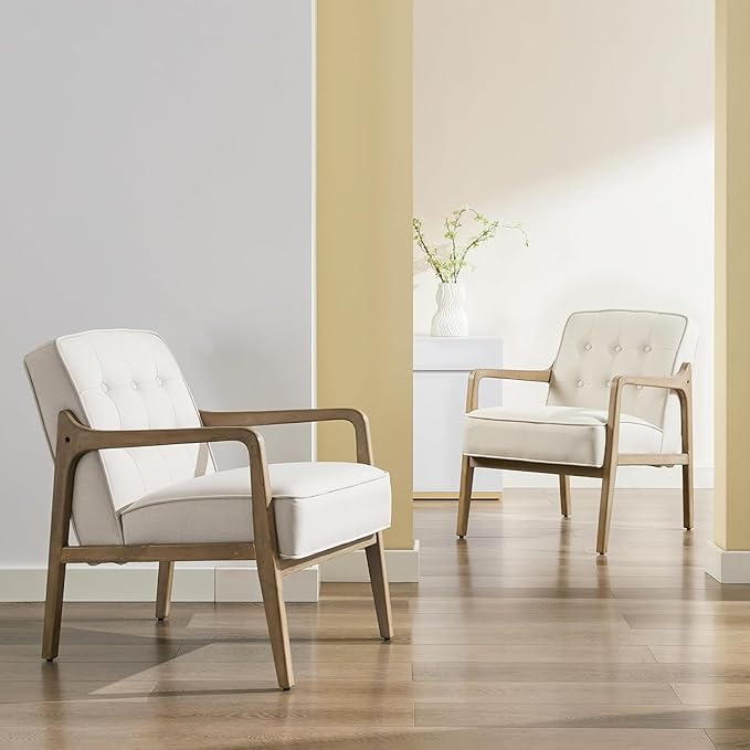 Linen Accent Chair Set of 2, Mid Century Modern Chair for Living Room, Upholstered Comfy Lounge Armchair with Solid Wood Frame, Reading Side Chair for Bedroom,105°Ergonomic Comfort, White