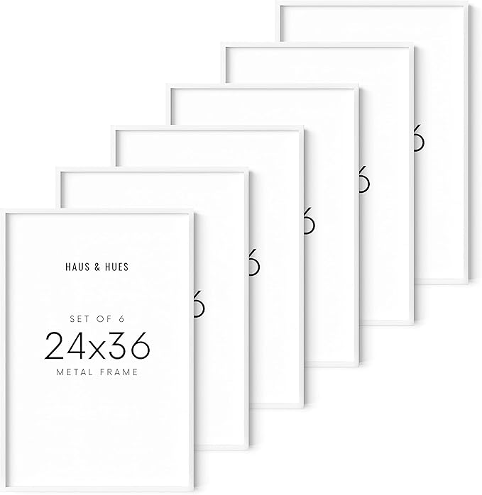 HAUS AND HUES 24x36 White Metal Picture Frames - Features Premium Aluminum, Vertical & Horizontal Hang, Shatterproof Plexiglass - Perfect for Home, Room, Office (24x36 in, White, Set of 6)