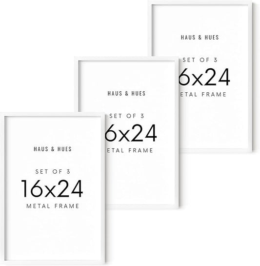 HAUS AND HUES 16x24 White Metal Picture Frames - Features Premium Aluminum, Vertical & Horizontal Hang, Shatterproof Plexiglass - Perfect for Home, Room, Office (16x24 in, White, Set of 3)