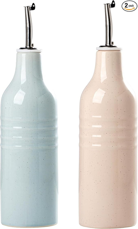 famiware Jupiter 16oz Ceramic Olive Oil Dispenser Bottle, Olive Oil and Vinegar Dispenser Bottle Set of 2 with Stainless Steel Pourers, Suitable for Storage Vinegar, Liquids, Light Blue & Light Pink