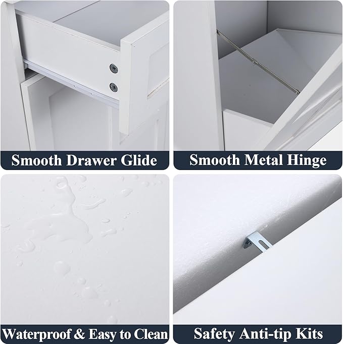 Loomie Double Tilt Out Laundry Hamper Cabinet, Hidden Laundry Cabinet with 2 Drawers & 2 Baskets, 30 Gallon Trash Can for Bathroom, Kitchen, White